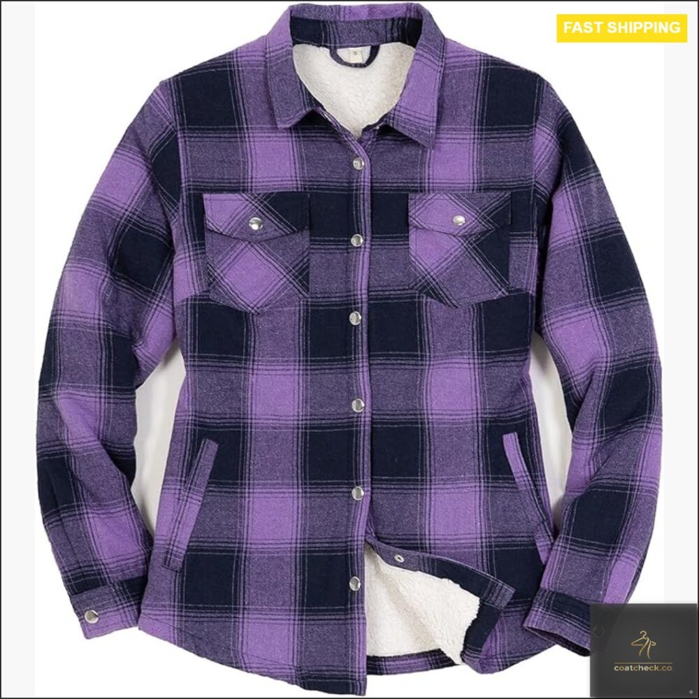 Sherpa Lined Flannel Shacket Snap Button Plaid Shirt Jacket Classic Fit